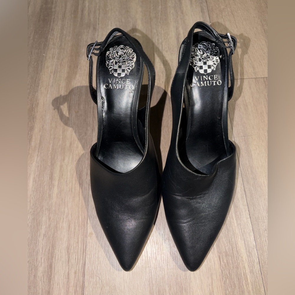 Vince Camuto Black Leather Pointed Slingback Heels